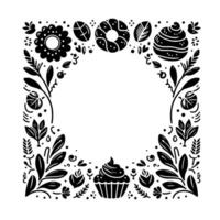 Black white floral border featuring cupcake, donut, and decorative elements, creating a sweet and elegant frame design. vector