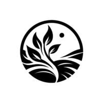 Monochrome nature featuring stylized plant growing from rolling hills under a small sun in a circular design. vector