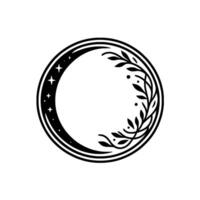 Black and white circular emblem featuring a crescent moon adorned with stars, surrounded by a laurel wreath and set against a stark white backdrop. vector