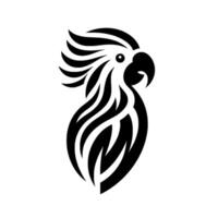 Bold black and white parrot logo, minimalist tribal with feathered crest and beak, isolated graphic. vector