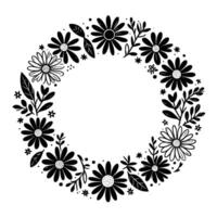 Elegant monochrome floral wreath with alternating daisy and leaf motifs, decorative circle frame, minimal style. vector