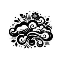 Abstract black and white floral and swirling with stylized flower, leaves, and dots on a plain white background. vector