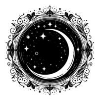 Intricate celestial illustration crescent moon within ornate floral frame, stellar embellishments, mystical black and white design. vector