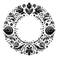 Intricate black and white circular floral and coffee cup with elegant swirling patterns, dots, and delicate leaves. vector