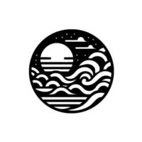 Monochromatic circular emblem a stylized ocean scene depicting sun, waves, clouds, and stars in black and white. vector