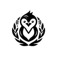 A stylized, circular black and white of a penguin nestled inside a laurel wreath, conveying a sense of elegance and playful simplicity. vector