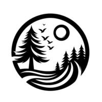 Monochrome circular landscape pine trees, flying birds, and a sun, depicted in a bold, stylized silhouette vector