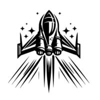 A stylized monochrome illustration of a spacecraft with exhaust trails and stars, suggesting fast travel in space. vector