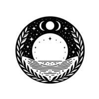 Circular black and white celestial scene moon, stars, sea, and foliage within a decorative frame. vector