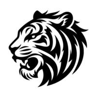 Powerful black and white tribal tiger head silhouette, baring teeth in fierce, determined expression, on a clean white background. vector