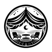 Serene circle design cozy chairs, a moon, and a table under an ornamental tent, exuding a tranquil ambiance. vector