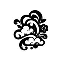 Intricate black and white floral with cloudlike elements, leaves, and a unique symbolic flower, set against a white background. vector