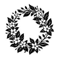 Circular floral wreath black and white illustration of blossoms and foliage on a clean white backdrop. vector