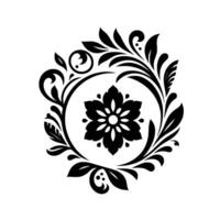 Elegant, symmetrical floral in black and white, featuring a central flower enclosed in a circular frame of leaves, flourishes, and intricate details. vector