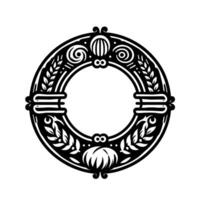 Circular black and white decorative frame with floral and geometric elements, a modern minimalist design, isolated on white background. vector