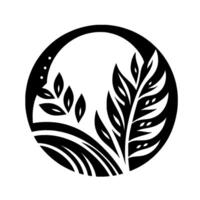 Bold, symmetrical black and white minimalist artwork of stylized leaves and grass enclosed in a circular frame, evoking nature. vector