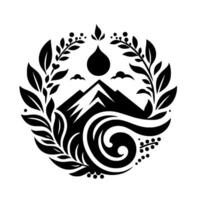 Circular black and white nature illustration featuring mountains, water droplet, and botanical elements vector