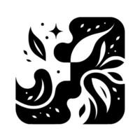 Geometric black and white botanical composition featuring stylized leaves, star, and dots arranged in a square abstract pattern. vector