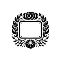 Elegant black and white heraldic featuring a rectangular blank frame surrounded by a wheat and floral wreath. vector