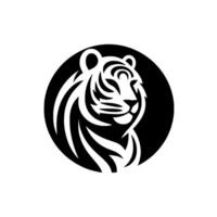 Black and white tiger portrait within a circle, featuring simplified lines, minimalist aesthetic, focus on head and shoulder. vector