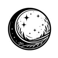 Monochromatic circular illustration showcasing a crescent moon embracing a celestial scene with stars and floral elements, radiating a serene and mystical aesthetic. vector