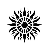 A symmetrical black and white featuring a central sphere enclosed by a circle of segmented shapes, surrounded by pointed flamelike elements radiating outwards, creating a stylized sunburst pat vector