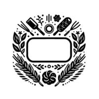 Monochromatic culinary crest blank rectangular frame surrounded by kitchen utensils, floral embellishments and natural elements. vector