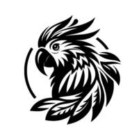 Bold black and white parrot head emblem with detailed feather design, set within a geometric circle, minimalist logo. vector