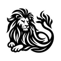 Elegant black and white illustration of a resting lion with flowing mane and tail, a symbol of strength. vector