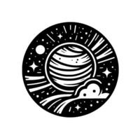 Stylized black and white cosmic scene striped planet, radiating lines, stars, moon, and cloud elements, within a circular frame. vector