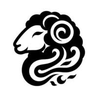 Elegant black and white stylized ram head illustration with swirls and decorative elements for a modern design. vector