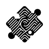 Abstract black and white puzzle piece with fingerprintlike lines, curves, and circles on a plain white background. vector
