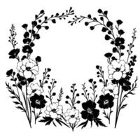 Elegant black and white floral wreath illustration featuring detailed petals, leaves, and branches forming a circular frame with empty center. vector