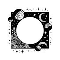 Celestial frame black and white artwork of planets, moons, stars and organic elements enclosing a circular space. vector