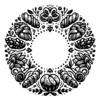 Intricate black and white circular floral and food wreath with a central open space, emphasizing symmetry and detail. vector