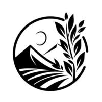 Black white circular featuring mountainous landscape with fields, crescent moon, and leafy branch. vector