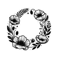 Intricate black and white floral wreath poppies and foliage in a circular botanical with detailed linework and a minimalist aesthetic. vector
