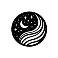 Yinyanginspired celestial black and white emblem featuring moon, stars, and flowing lines, representing harmony and balance vector