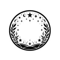 Celestial floral circle black and white minimalist with stars, crescent moon, and botanical accents, creating a tranquil frame for celestial elements and organic patterns. vector