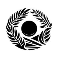 Abstract black and white geometric of a circle featuring a sunmoonlike shape, surrounded by leafy, botanical elements vector