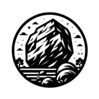 Black and white circular illustration of a jagged mountain range with rolling hills, small trees, and clouds within a minimalist nature scene. vector