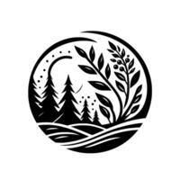 Black and white nature featuring a forest with tall trees and a branch with berries, all within a circular frame with a minimalist style. vector