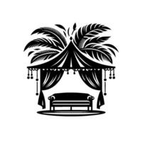 Black and white illustration of a decorative pavilion with draped curtains, a sofa inside, and palm leaves atop, evoking a tropical, elegant, and serene atmosphere. vector