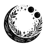 Celestial embrace a black and white minimalist showcasing a crescent moon adorned with foliage, stars, and planets, creating an elegant circular composition. vector
