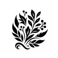 Black white floral design a stylized cluster of leaves and berries, elegant and symmetrical against white. vector