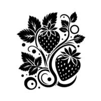 Elegant black and white illustration of two strawberries with leaves, vines, and decorative elements, forming a circular composition. vector