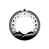 Circular black and white emblem mountains, stars, decorative vines, and a central empty space, evoking night and nature. vector