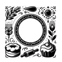 Intricate black and white bakerythemed illustration with circular frame, floral elements, pastries, and baking tools. vector
