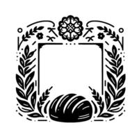 Intricate black and white flourish frame with bread loaf, floral elements, and decorative border. vector