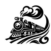 Stylized black and white illustration of a classic steam train with decorative smoke and curved lines, set on a white background. vector